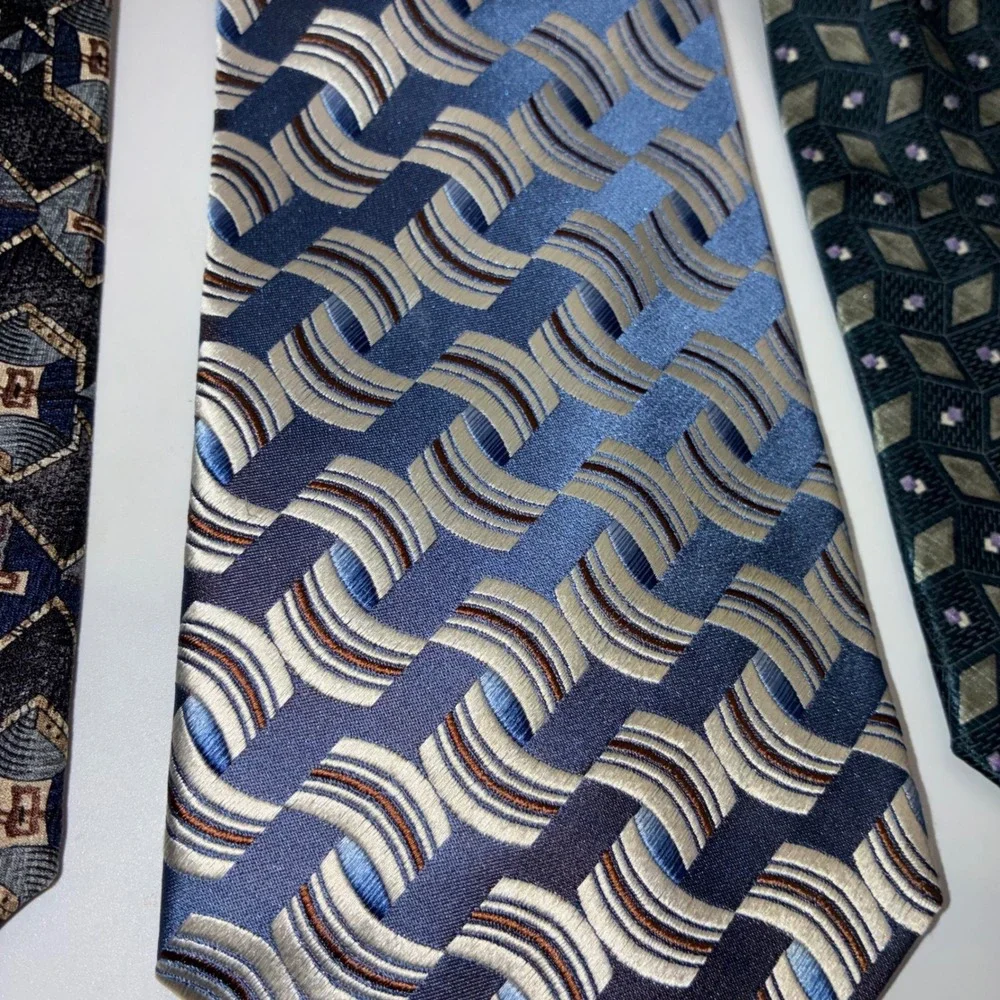 Geoffrey Beene Men Silk Tie Lot of 3 Geometric Abstract Blue Black Teal Neckties